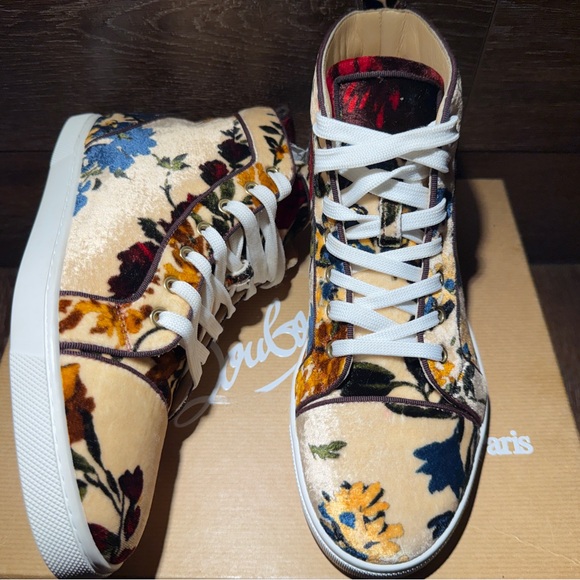 Christian Louboutin Multicolor Floral Velvet High-Top Sneakers - Picture 2 of 6